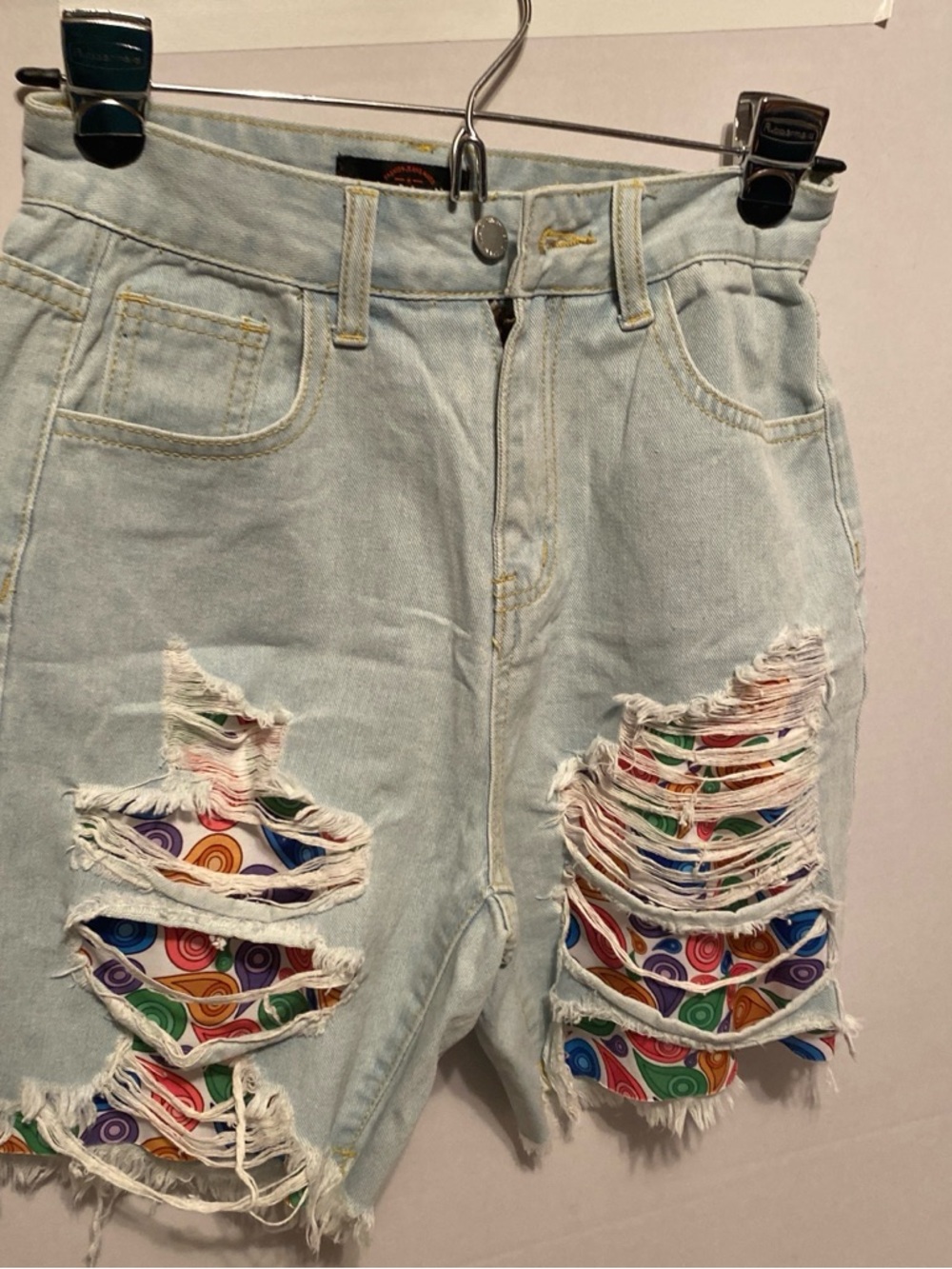 Light Wash Distressed Denim Shorts with Colorful Patchwork